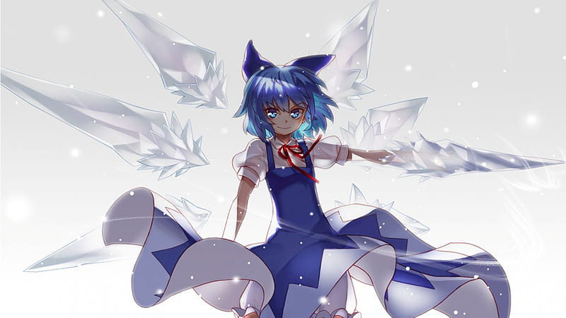 Ice Master, cirno, dress, wing, angry, anime, touhou, anime girl, fairy, blue, female, wings, mad, plain, short hair, girl, blue hair, ice, simple, sinister, magician, serious, HD wallpaper