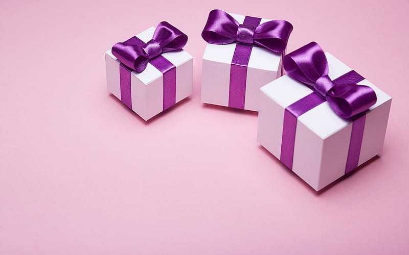 gifts boxes, purple silk bows, holiday, gifts, HD wallpaper