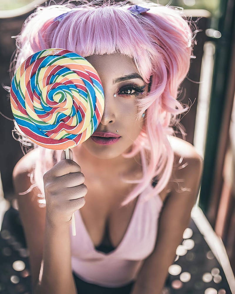 food, sweets, lollipop, face, dyed hair, pink hair, women, HD phone wallpaper