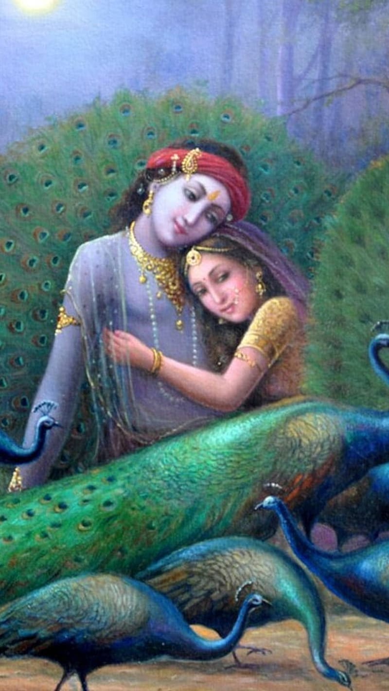 Radha Krishna Ji Ke, Peacocks With Radha And Krishna, lord, god, HD phone wallpaper