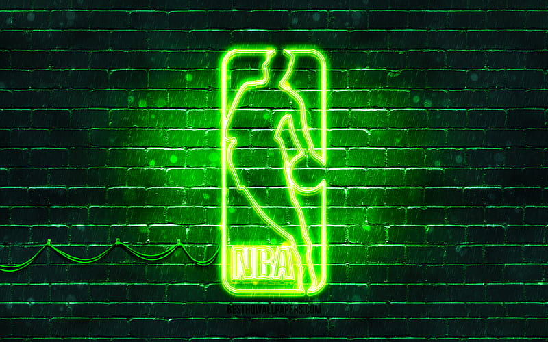 NBA green logo green brickwall, National Basketball Association, NBA logo, american basketball league, NBA neon logo, NBA, HD wallpaper