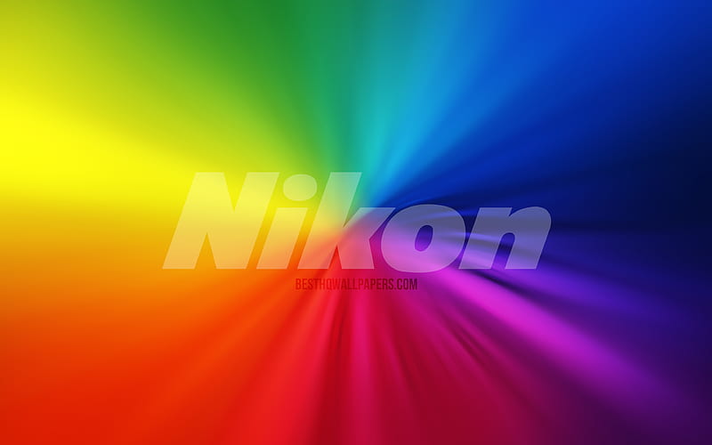 Nikon logo vortex, rainbow backgrounds, creative, artwork, brands, Nikon, HD wallpaper