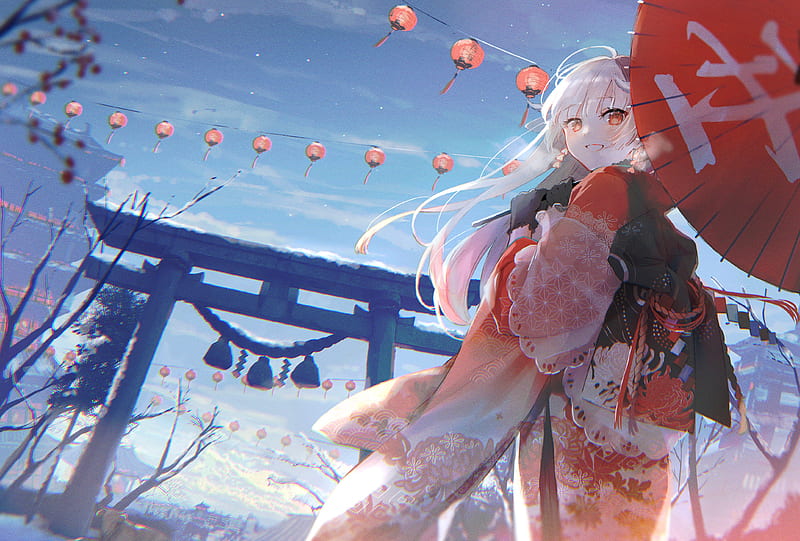 beautiful anime girl, kimono, umbrella, torii, shrine, white hair, Anime, HD wallpaper