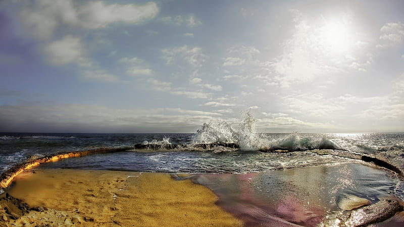 wave breaking on a ring of rocks on a beach, beach, rocks, waves, sky, sea, HD wallpaper