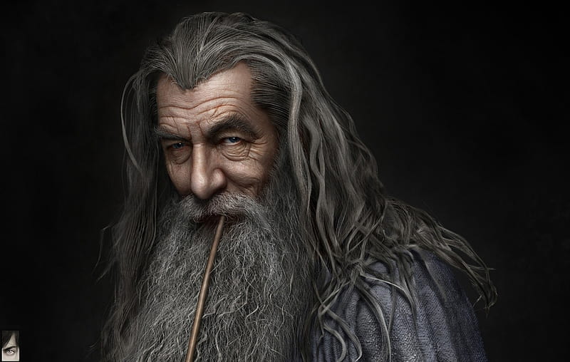 Gandalf the Grey, lord of the rings, the hobbit, luminos, black, man, wizard, fantasy, lotr, gandalf, hossein diba, HD wallpaper