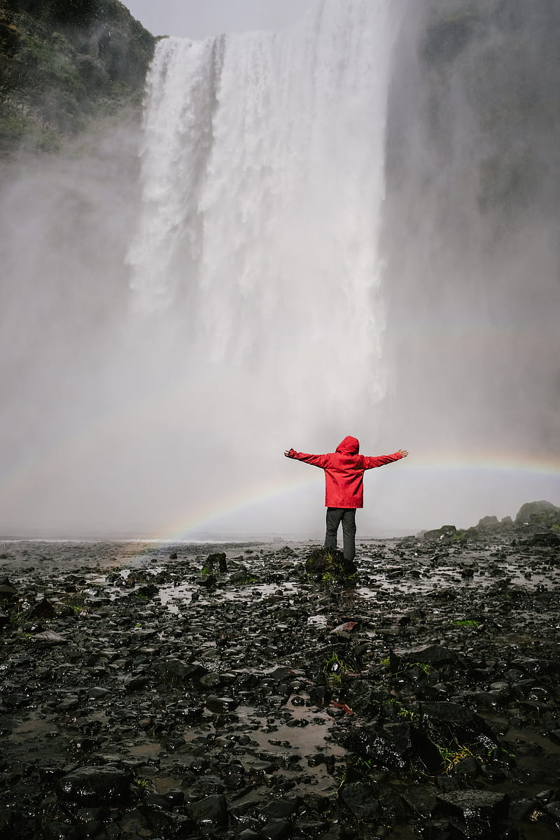 waterfall, rainbow, spray, water, man, HD phone wallpaper