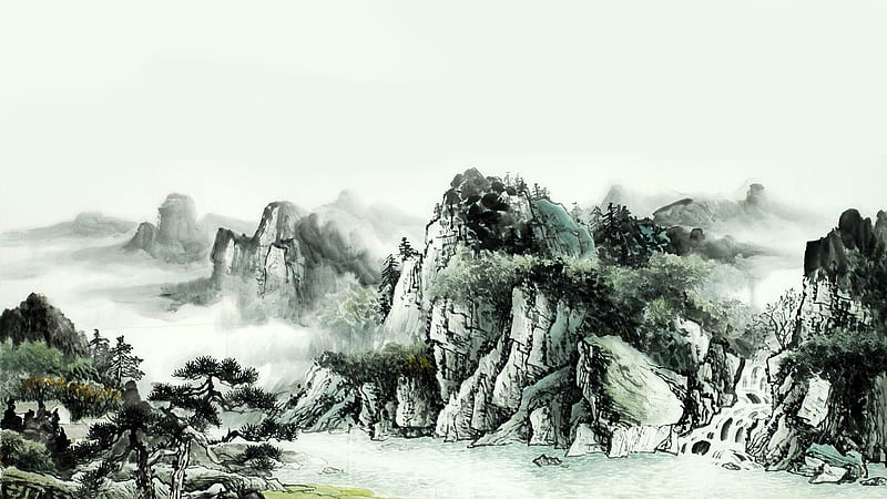 Oriental Mountain Water Painting, bonsai, China, black and white, mist, Oriental, tree, water, mountains, painting, Asian, Firefox Persona theme, HD wallpaper