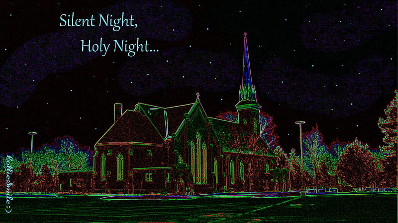 Silent Night Church, noe1, nighttime, steeple, church, trees, Silent Night, sa1vation, night, HD wallpaper