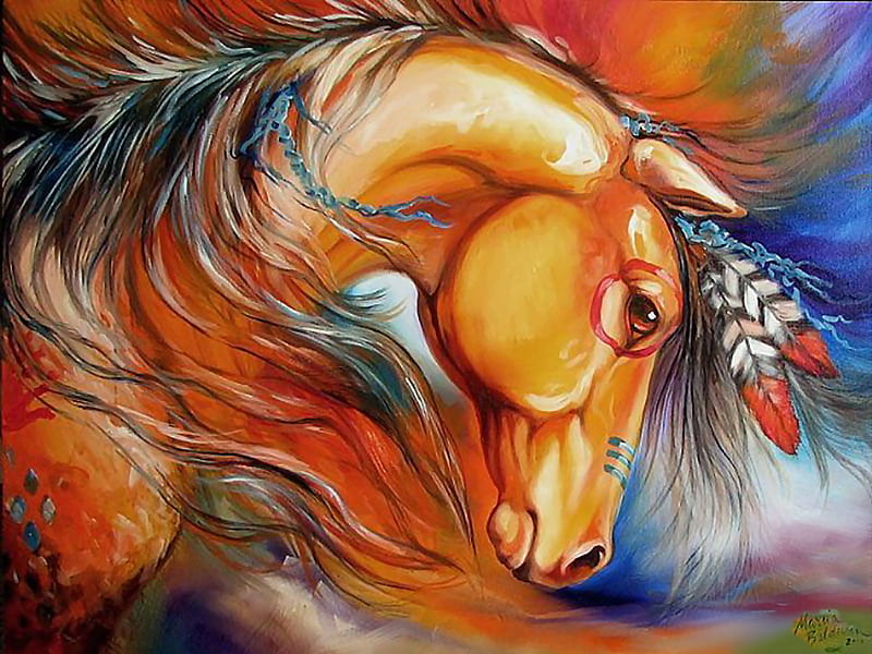 Setting Sun - Horse F2, art, war horse, equine, native american, horse, artwork, animal, marcia baldwin, painting, pony, baldwin, HD wallpaper