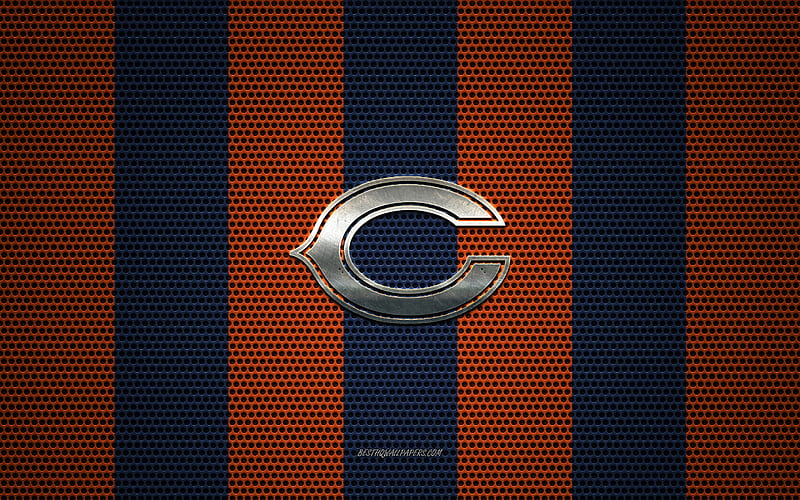 Chicago Bears logo, American football club, metal emblem, blue orange metal mesh background, Chicago Bears, NFL, Chicago, Illinois, USA, american football, HD wallpaper