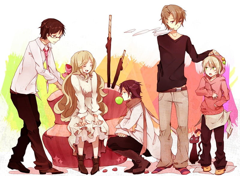 Anime group, dress, glasses, tie, blonde hair, cat, boys, girl, anime, scarf, child, smoke, long hair, HD wallpaper