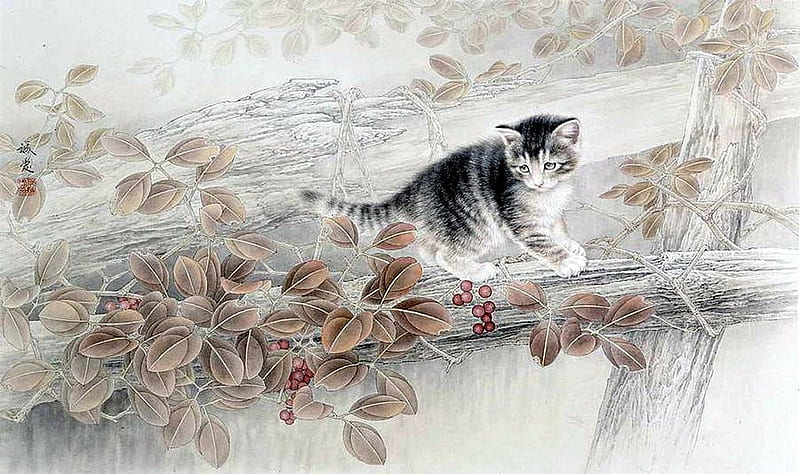 Kitten, art, feline, cat, pinting, HD wallpaper