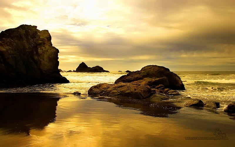 Golden Beach, shore, rock, shine, yellow, sky, clouds, beach, gold, sand, day, nature, cliff, reflection, HD wallpaper