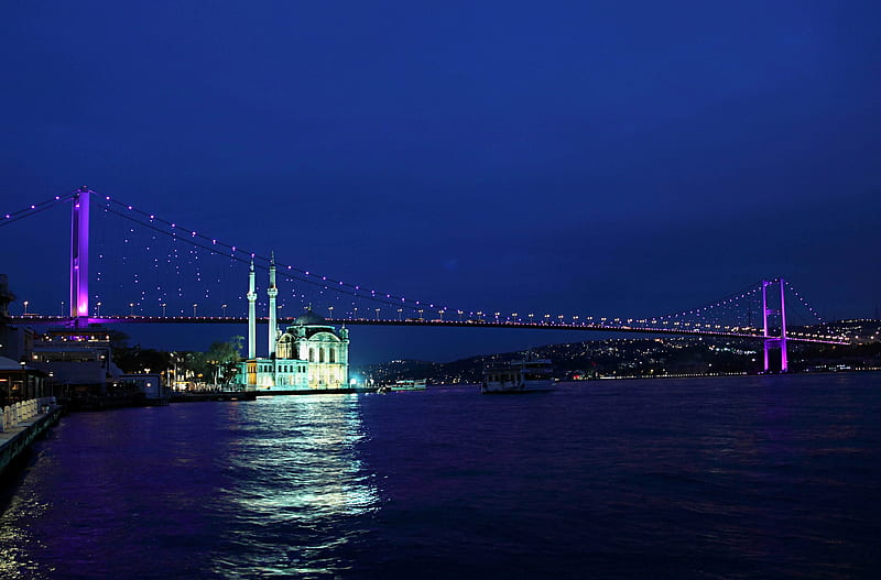 Bosphorus Bridge, turkey, bridge, istanbul, bosphorus, bogazici koprusu, lights, night, HD wallpaper