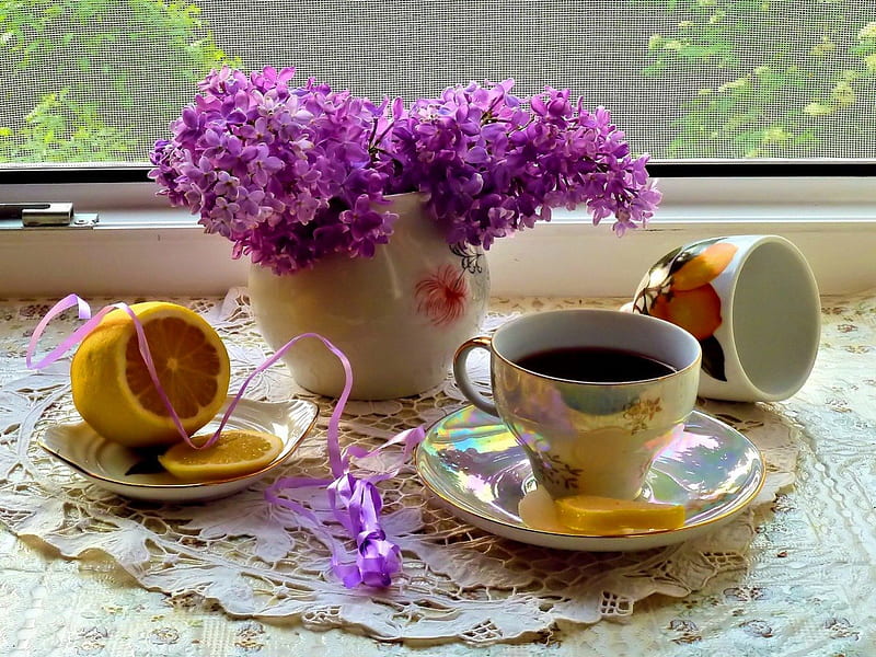 Tea with lemon, lilac, pretty, house, home, bonito, tea, still life, nice, room, morning, cozy, lovely, window, time, fresh, spring, freshness, lemon, coffee, tea time, cup, summer, day, HD wallpaper