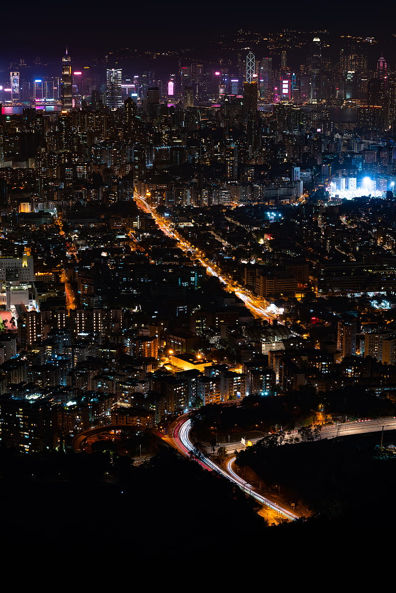 city, night city, aerial view, cityscape, lights, HD phone wallpaper
