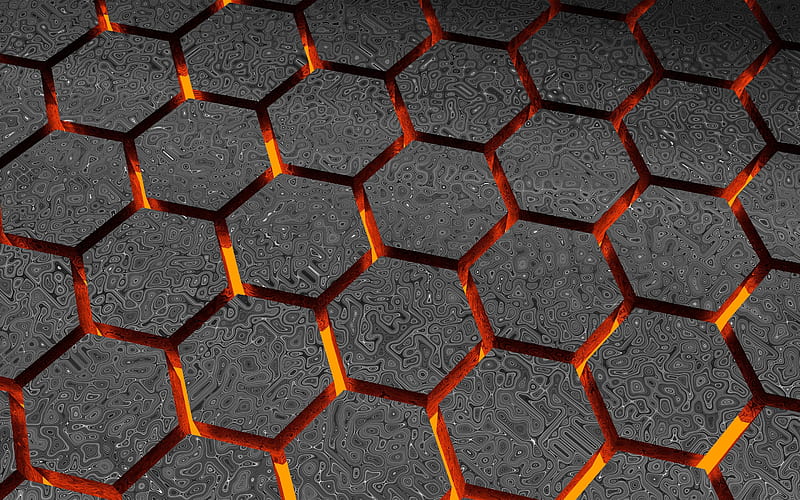 polygons, abstraction, grid, fire background, lava, fire, HD wallpaper