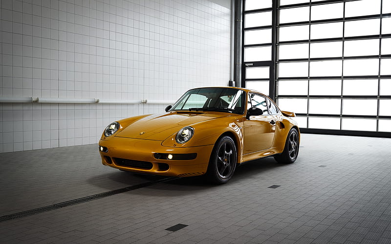 Porsche 993, 1998, 911 Turbo, yellow retro sports car, garage, sports coupe, German sports cars, Porsche, HD wallpaper