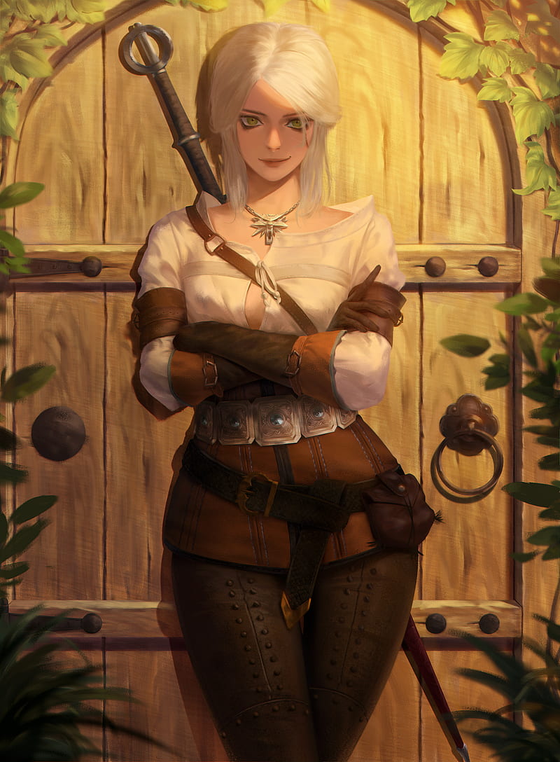 Ciri, Cirilla Fiona Elen Riannon, The Witcher, video game art, video games, women, white hair, green eyes, smiling, necklace, shirt, gloves, arms crossed, belt, corset, leather pants , sword, weapon, artwork, drawing, illustration, digital art, fan art, fantasy girl, video game girls, leaves, bokeh, portrait display, Seungyoon Lee, smug face, HD phone wallpaper