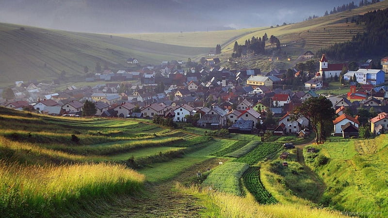 beautiful hillside rural village in slovakia, hills, village, fields, morning, fog, HD wallpaper