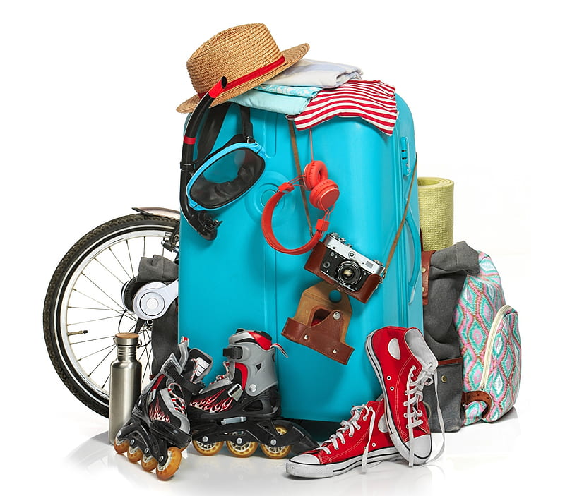 Blue Suitcase, Plimsoll shoes, Camera, Hat, Suitcase, HD wallpaper