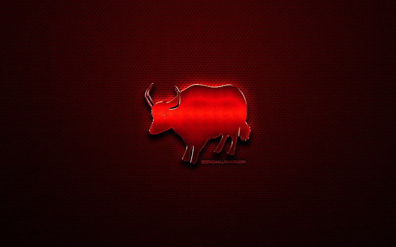 Ox zodiac, creative, chinese zodiac metal signs, Chinese calendar, Ox zodiac sign, chinese zodiac, animals signs, red metal grid background, Chinese Zodiac Signs, artwork, Ox, HD wallpaper