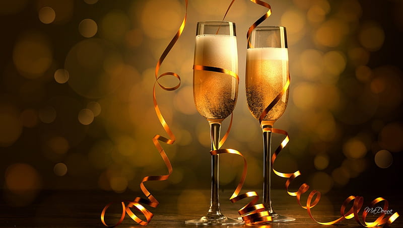 Champagne For Two, New Years, tinsel, wine, celebration, garland, bokeh, gold, anniversary, celebrate, HD wallpaper