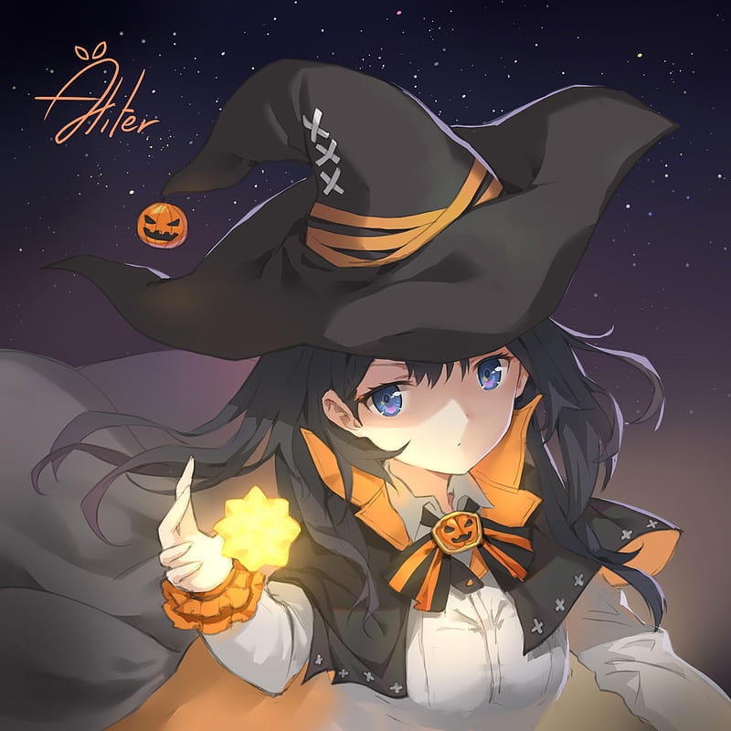 anime witch girl, halloween, cape, stars, Anime, HD phone wallpaper