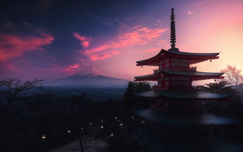 Fujiyama, Chureito Pagoda, Japanese lanterns, Mount Fuji, mountains, stratovolcano, Fujisan, japanese landmarks, Fujiyoshida, japan, Asia, HD wallpaper