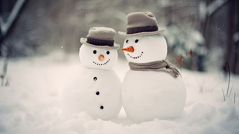Snowmen, white, snow, iarna, cute, couple, hat, winter, craciun, snowman, christmas, HD wallpaper