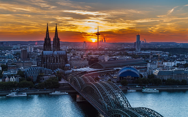 Hohenzollern Bridge Cologne Cathedral, Germany, sunset, Europe, Cologne at evening, german cities, Cologne, HD wallpaper