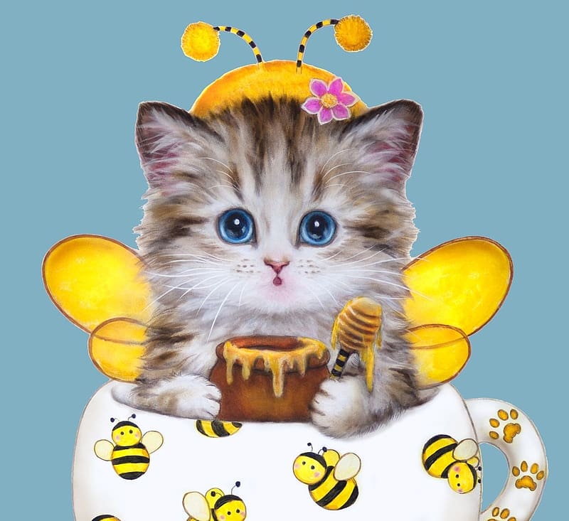 :), cat, kayoni harai, honey, wings, kitten, art, cute, cup, kayoni haray, pisici, bee, yellow, HD wallpaper