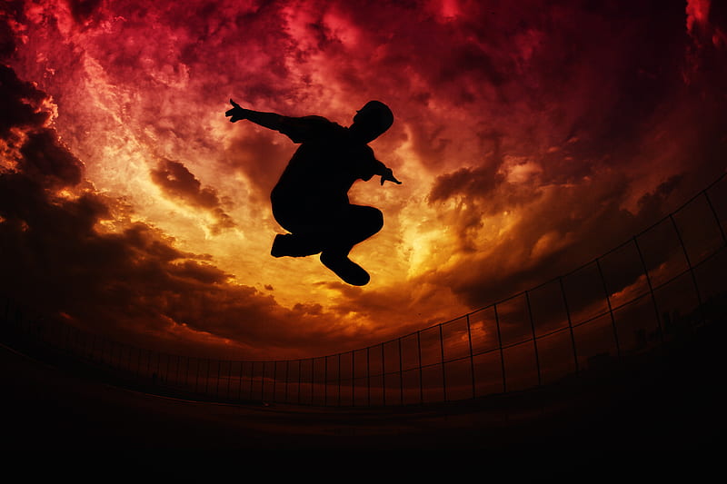 parkour, silhouette, jump, sky, clouds, fence, HD wallpaper