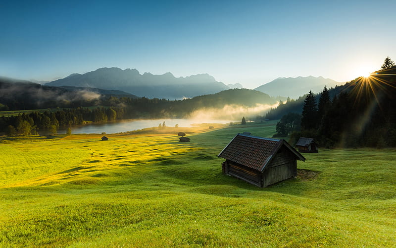 Alps, mountains, morning, lake, hut, sunrise, HD wallpaper