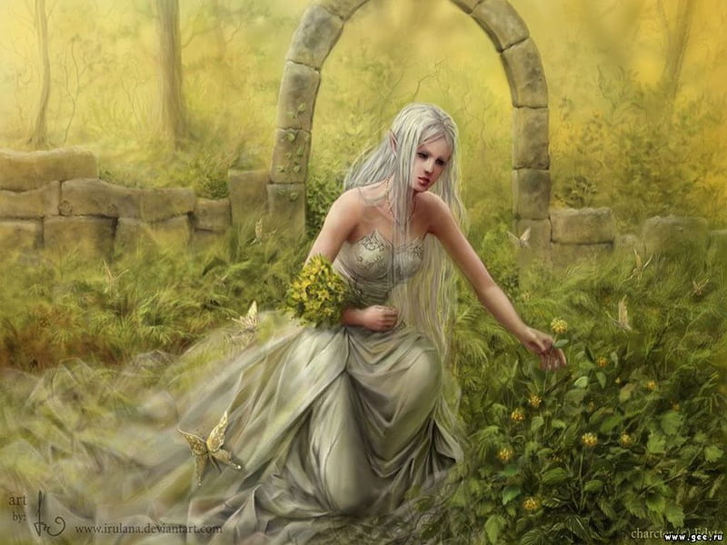 Elf In Her Garden, fantasy, elf, flowers, archway, garden, butterflies, trees, wall, HD wallpaper