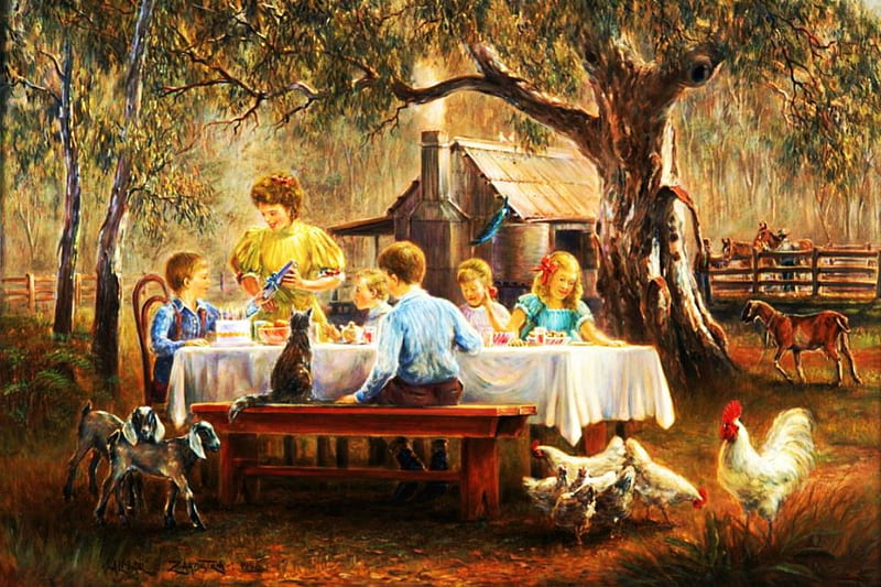 Family Dinner, countryside, table, tree, hens, people, painting, tent, artwork, HD wallpaper