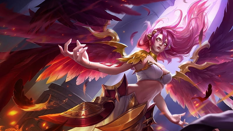 Angel Lauriel, luminos, angel, pink, red, frumusete, wings, game, superb, arena of valor, fantasy, gorgeous, HD wallpaper
