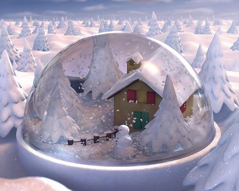 Snowman SnowGlobe, globe, snow, cabin, snowman, trees, HD wallpaper
