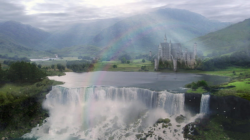 castle falls, hills, rocks, rainbow, trees, waterfalls, HD wallpaper