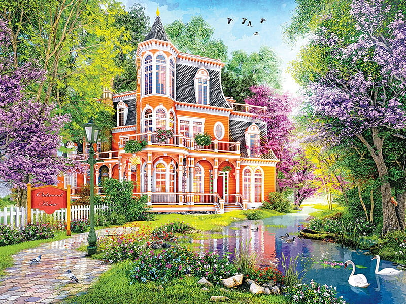 Oakwood House, river, artwork, ducks, digital, trees, villa, flowers, park, swans, HD wallpaper