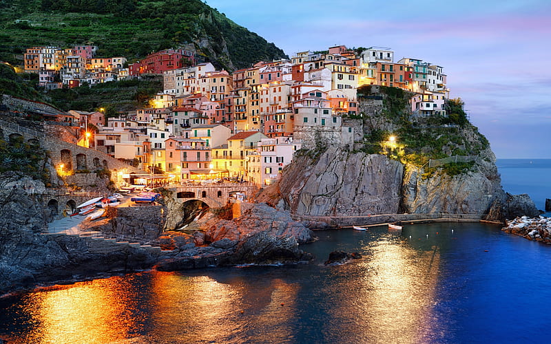 Manarola, coast, night, Ligurian Sea, Italy, HD wallpaper