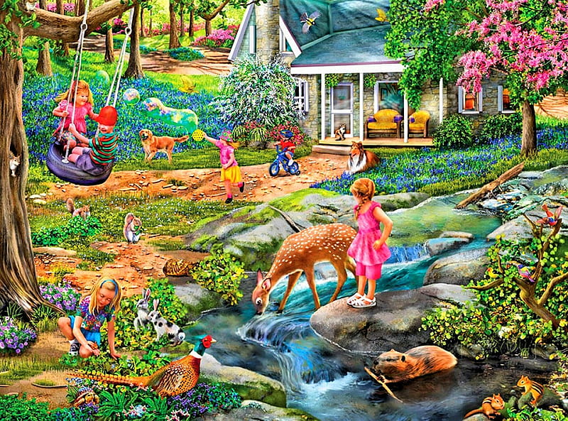 Summer Garden, children, painting, flowers, creek, artwork, deer, house, pheasant, trees, swing, beaver, HD wallpaper