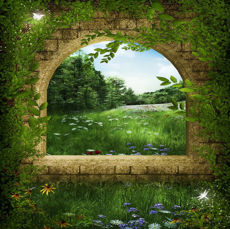Green nature, world, colorful, fairytale, bonito, magic, butterfly, splendor, green, color, fairy, window, wall, windows, flower, garden, nature, earth, outdoor, landscape, HD wallpaper