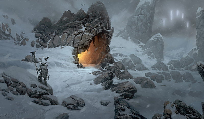 Mountain cavern, mountain, north, warrior, snow, cavern, viking, nordic, quest, HD wallpaper