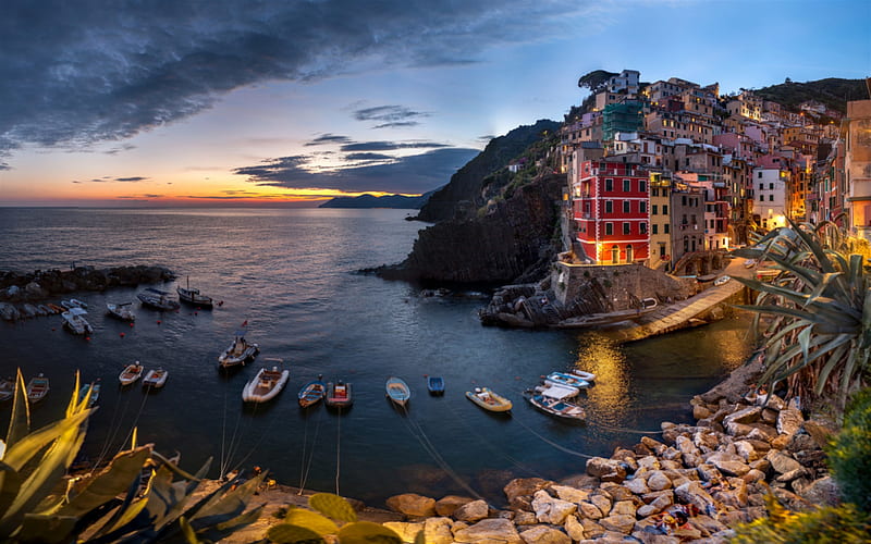 Vernazza, sunset, evening, resort, Mediterranean Sea, Ligurian coast, Cinque Terre, Spice, Italy, HD wallpaper