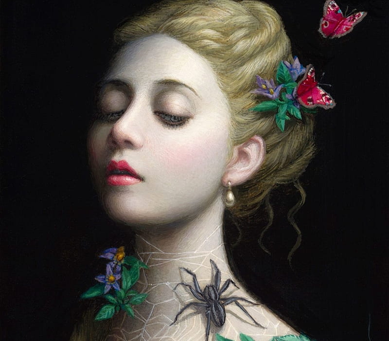 Arachne, chie yoshii, art, luminos, black, spider, fantasy, girl, insect, flower, painting, face, pink, pictura, HD wallpaper