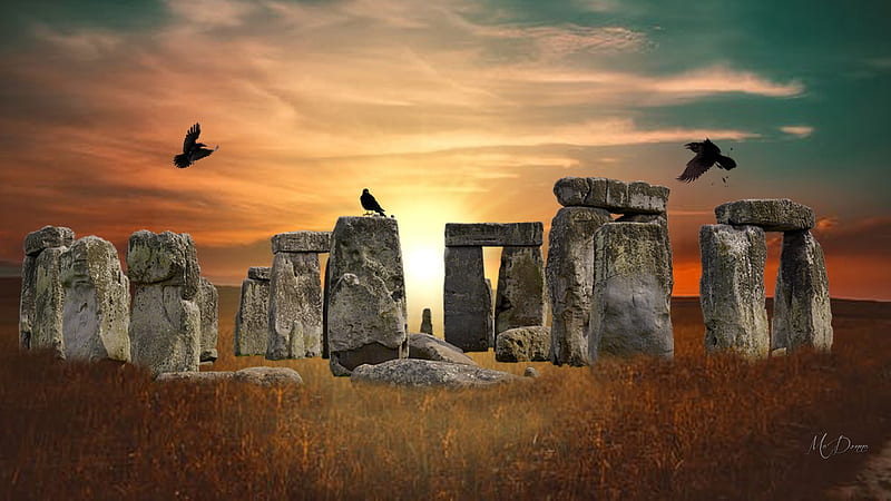 Ravens at Stonehenge, rocks, stones, stonehenge, druids, birds, majestic, sunset, ravens, HD wallpaper