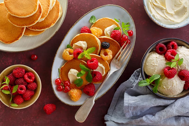 Food, Raspberry, Ice Cream, Still Life, Berry, Fruit, Breakfast, Pancake, HD wallpaper