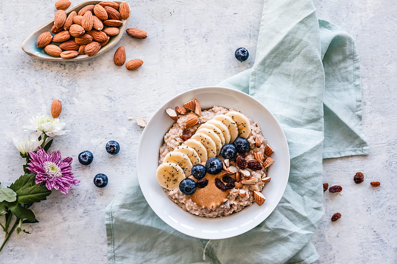 oatmeal, berries, fruits, nuts, breakfast, HD wallpaper