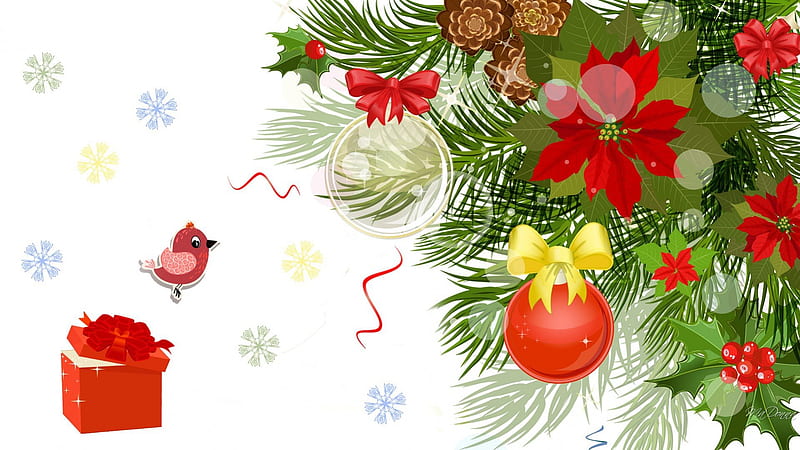 Month of December, Christmas, Feliz Navidad, cones, ribbons, bows, tree, pine, bird, snowflakes, decorations, fir, poinsettia, spruce, HD wallpaper